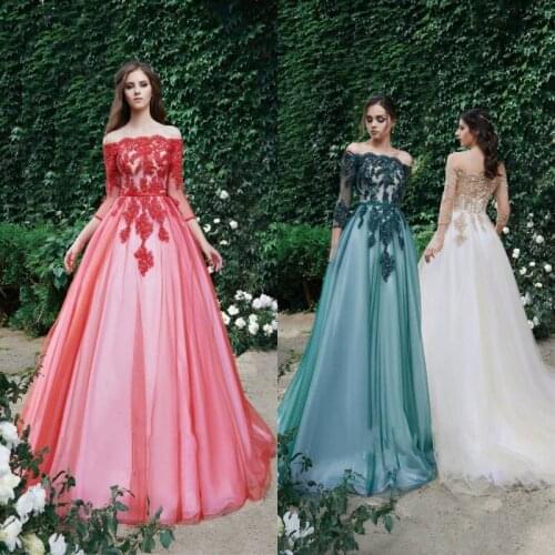2019 Fashion Evening Dresses Off Shoulder Lace Appliques A Line Prom Gowns Gorgeous Floor Length Party Dress