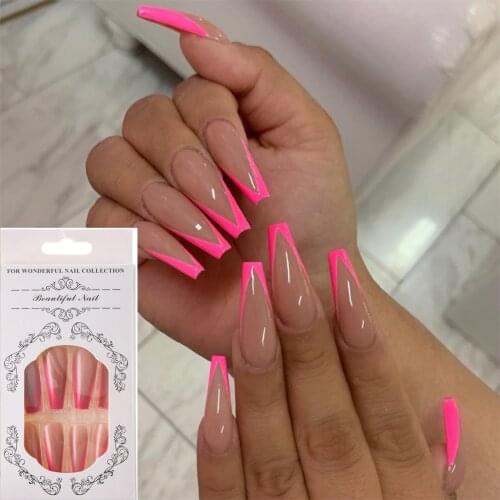 24Pcs Pink Fake Nail with designs Coffin Artificial Nails Tips Overhead Long Ballet French with Glue Press on Nail Manicure Tool