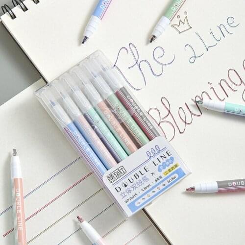 6 Color Double Line Journal Gel Pen Set Marker Ink Writing Art Pens School Office Stationery Supplies Draw Handles Highlighter