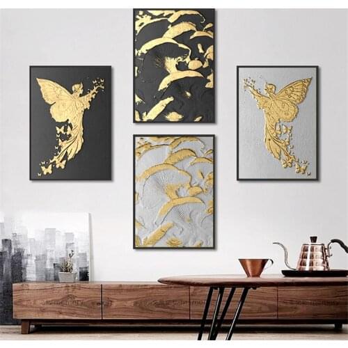 Abstract Gold Foil Butterfly and Birds Poster Home Decor Canvas Painting Luxury Minimalist Art Poster and Print for Living Room