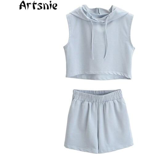 Artsnie Summer 2021 Two Piece Set Women Sleeveless Hoodies Shorts Sportswear Suits Tracksuits Outfits Blue Casual Two Piece Set
