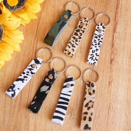 Zebra Cows Camouflage Leopard Genuine Leather Keychains Handle Key Ring