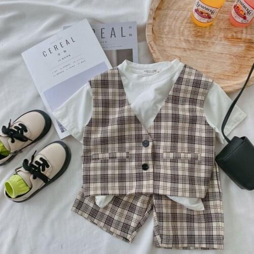 Children Suit 2021 Summer New Product Boys Cool Cotton Plaid Baby Fake Two Piece Korean Version Top and Shorts Two Piece Set