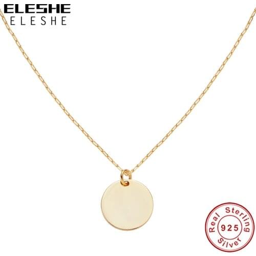 ELESHE Simple Design 100% 925 Sterling Silver 18K Gold Plated Simple Coin Pendant Necklace Party Dating Fashion Jewelry Gift