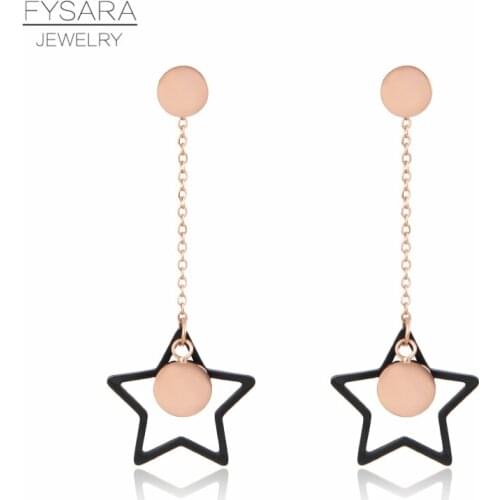 FYSARA Round Tag & Big Black Star Hollow Drop Earrings Stainless Steel Trendy Jewelry Women Long Chain Earrings Fashion Jewelry