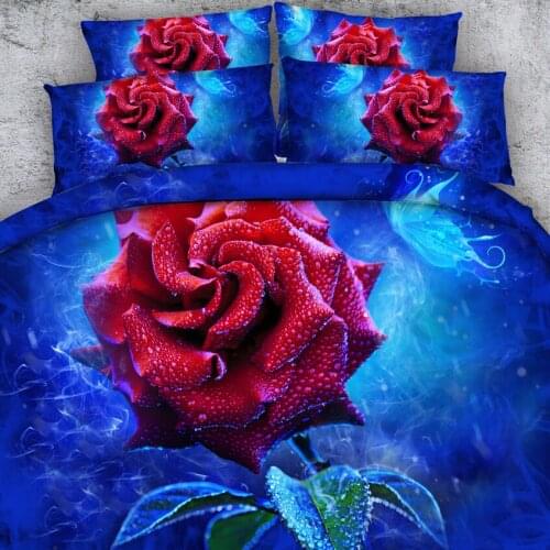 Goldeny 4 Parts Per Set Beautiful blue cover with Red dew drops 3d bed sheet set