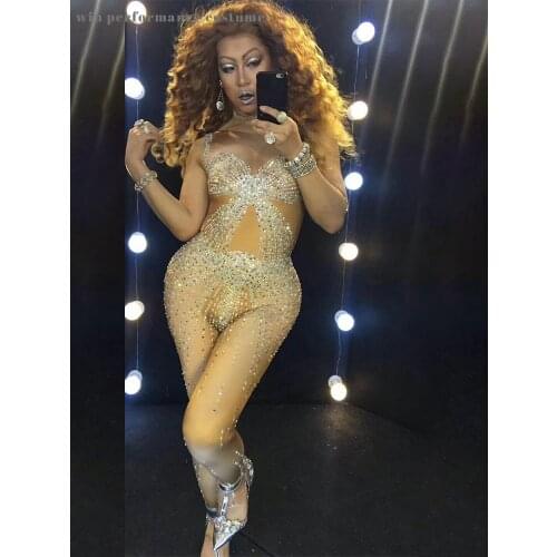 Custom Nightclub Singer Rhinestone Bright Crystals Jumpsuit Women Sexy Outfit Party Prom Costumes Stage Clothing BodySuits Dance