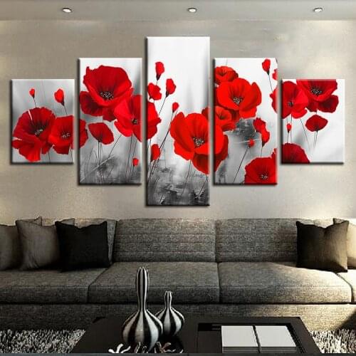 Canvas Printed Pictures Living Room Wall Art Framework 5 Pieces Romantic Poppies Paintings Red Flowers Poster Modular Home Decor