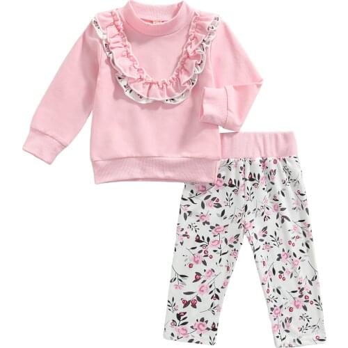 New 2Pcs Toddler Autumn Outfits, Flounce O-Neck Long-Sleeves Tops + Floral Pants for Baby Girls, 0-24 Months