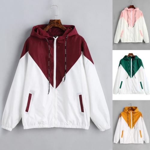 Autumn Women Hoodie Windbreaker Patchwork Long Sleeve Hooded Sweatshirt Zipper Running Sport Cardigan Jacket Tracksuit Tops