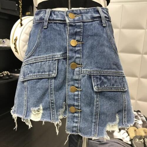 Plus size 5XL! summer high waist denim skirt women hole single breasted anti-lighting mini jeans skirt