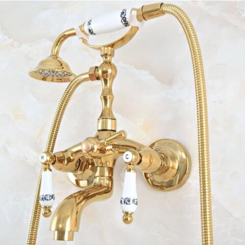 Luxury Polished Gold Color Brass Bathroom Wall Mounted Clawfoot Tub Faucet Taps Set With Hand Held Shower Head Spray mna818