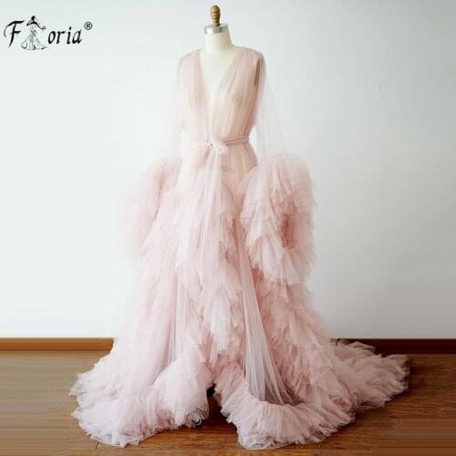 Blush Pink See Thru Long Evening Dresses With Puff Full Sleeves Prom Gowns Ruffles Tiered Pregnant Woman Photoshoot Long Robe