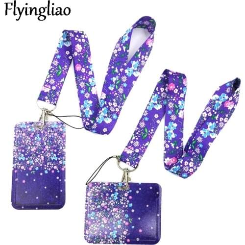 Purple Flowers Anime Lanyard Badge Holder ID Card Lanyards Mobile Phone Rope Key Lanyard Neck Straps Keychain Key Ring