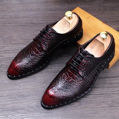 Mens Crocodile Dress Leather Shoes Lace-Up Wedding Party Shoes Mens Business Office Oxfords Flats Plus Size Men Fashion