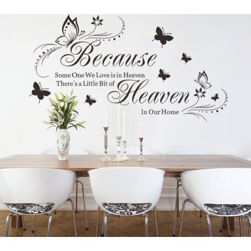 Family Love Quote Vinyl Stickers Because Someone We Love Is In Heaven Lettering Wall Decal Butterfly Design Wall Murals AJ506