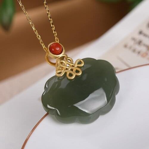 High-End Gift S925 Sterling Silver Plated Gold Inlaid with Jade Hetian Gray Jade Vintage Chinese Knot Long Life Lock of Good Wis