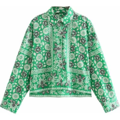 PUWD Oversize Women Turn-down Collar Blouse 2021 Summer Fashion Ladies High Street Vintage Loose Shirt Printed Shirt Top