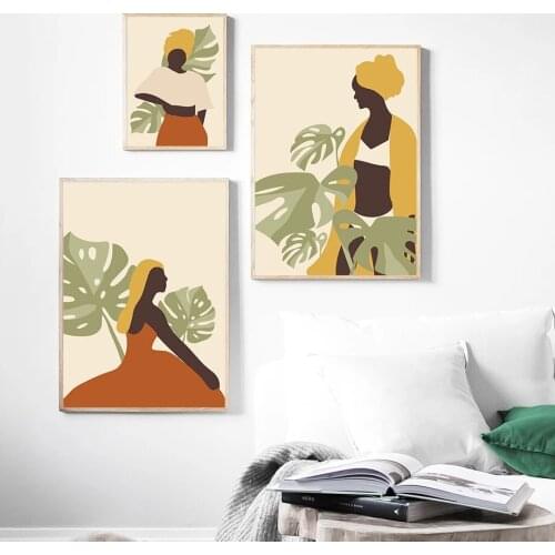 Woman Portrait Poster Boho Tone Monstera Leaf Wall Art Nordic Canvas Painting Minimalist Print Living Room Decoration