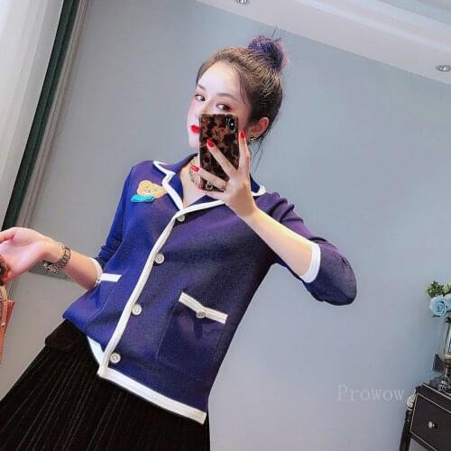 Preppy Style Navy Blue Cardigans Women 2021 Autumn Laple Collar Crochet Floral Loose Cardigan Sweater Korean Fashion Knitwear