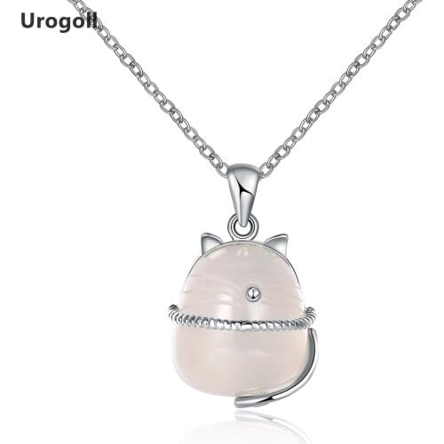 Necklaces For Women Child 925 Sterling Silver Cat Moonstone Pendant Necklaces O shape Link Chain Natural Stone Fine Jewelry