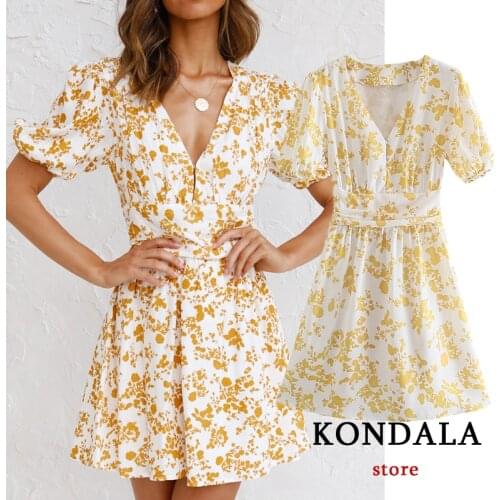 KONDALA Za Women Floral Print V Neck Dress Short Sleeve Vintage Mini Dresses Summer Fashion 2021 Chic Mujer Vestidos