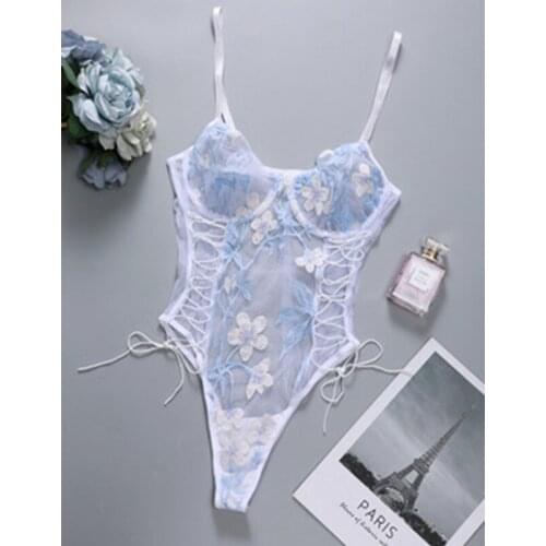 Women Super Sexy Chic Crossing Ribbons Embroidered Bodysuit See Through Lace Floral Bodysuit