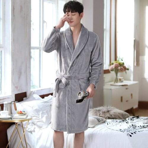 Winter Men Thick Flannel Homewear Kimono Robe Gown Comfortable Keep Warm Sleepwear Nightwear Casual Soft Intimate Grey Bathrobe