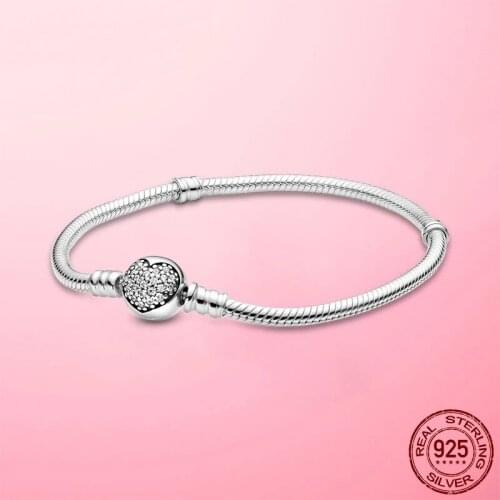 Hot Sale 925 Sterling Silver Sparkling Heart Clasp Snake Chain Bracelet fit original Charm Bead 2021 Women DIY fine Jewelry gift