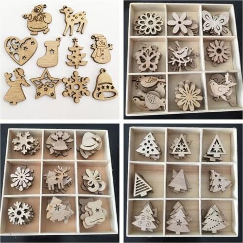 50pcs Natural Wood Chip Ornaments Christmas Decorations For Home Xmas Tree Snowflake Mixed Shape Wooden Crafts Scrapbooking