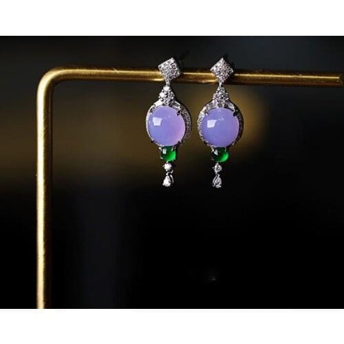 Designer original new silver inlaid ice purple chalcedony egg round earrings fashion all-match temperament ladies jewelry