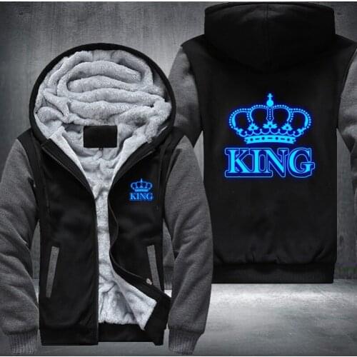 Dropshipping The QUEEN The KING Luminous Glowing Print Winter Fleece Thicken Hoodie Jacket Coat Zipper Sweatshirts Lovers' cloth