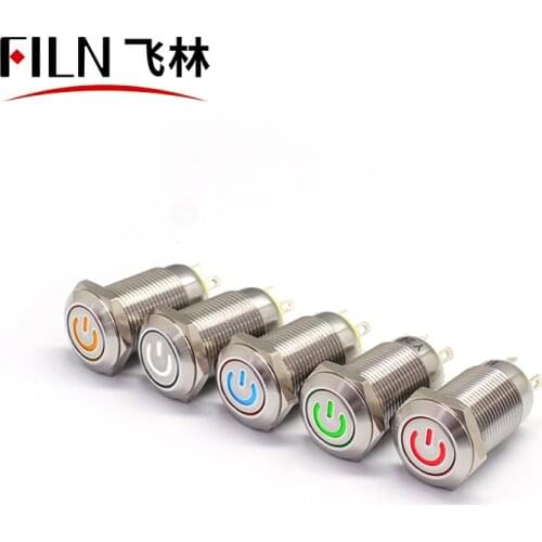 FILN 12mm Flat head Momentary Latching power symbol led stainless steel Push Button Switch