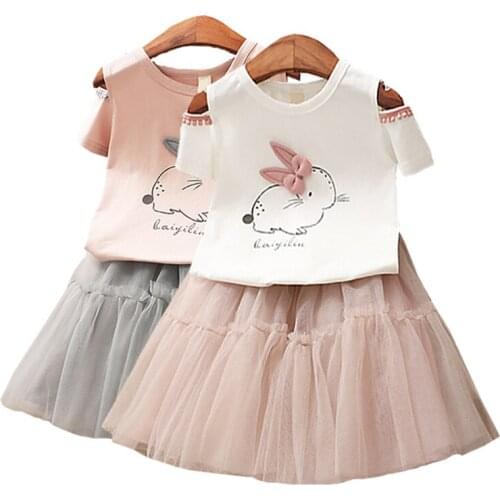 Kids wear summer bunny print short-sleeved T-shirt + half body skirt two-piece child fashion suit hot sale baby quality clothing