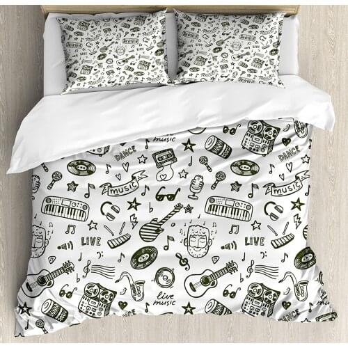 Doodle Duvet Cover Set Hand Drawn Music Pattern of Item Bearded Musician Guitar Recorder Microphone 3 Piece Bedding Set Green
