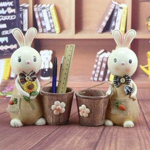 Garden Rabbit Pen Holder Desktop Storage Box Savings Pots Resin Crafts Home Decoration Desk Organizer
