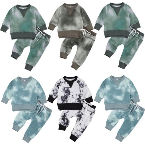 Spring and Autumn Baby Boy Tie-dyed 2Pcs Outfit Suit, Long Sleeve Round Neck Top with Elastic Long Pants