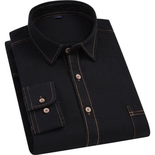 Mens Regular-fit Long-Sleeve Denim Work Shirt Front Chest Pockets & Pencil Slot Rugged Wear Thin Casual Cotton Shirts