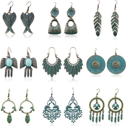 Irregular Bronze Leaves Bird Owl Round Spiral Pendant Earrings Retro Totem Natural Stone Arrow Tassel Earrings Bohemian Jewelry