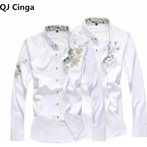 Autumn New White Printed Shirt Mens Long Sleeved Fashion Casual Shirts Wedding Party Top White Black Blue Camisa Plus SizeS-7xl