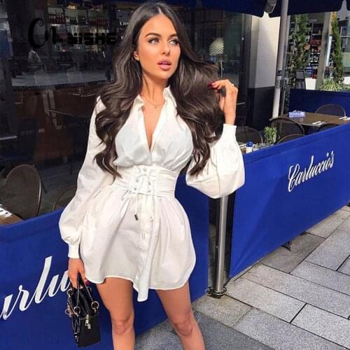 CNYISHE Deep V Neck Mini Shirt Sexy Dress Women High Waist Bodycon Dresses 2020 Party Long Sleeve Bandgae Autumn Dress Vestidos