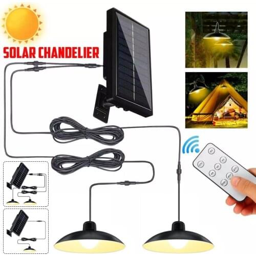 2 Head Solar Pendant Lamp Outdoor/Indoor Solar Powered With Cable Hanging Shed Lights with Remote Control for Sheds Yards Garden