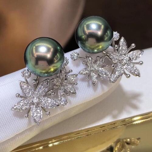 D607 Pearl Earrings Fine Jewelry Round 9-10mm Zircons 18K Gold Nature Sea Water Peacock Green Tahiti Black Pearls Stud Earrings