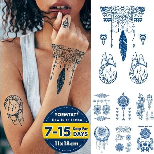 Juice Lasting Ink Tattoos Body Art Waterproof Temporary Tattoo Sticker Moon Henna Tatoo Arm Fake Flowers Feather Tatto Women Men