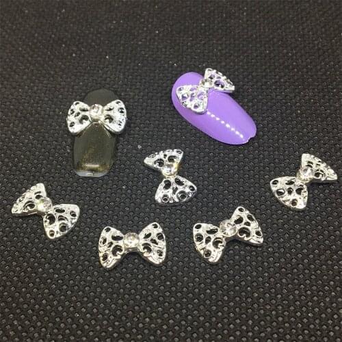 3d Bow Tie Nail Art Decoration Charms 50Pcs Silver Diamond Jewelry Metal Nailart Accessory Hollow Design Manicure For Gel Polish