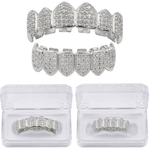 Hip Hop Teeth Grillz GOLD Color&Silver-Plated Micro Pave CZ Gold Fang Top & Bottom Teeth Grills Vampire Set Cubic Zirconia