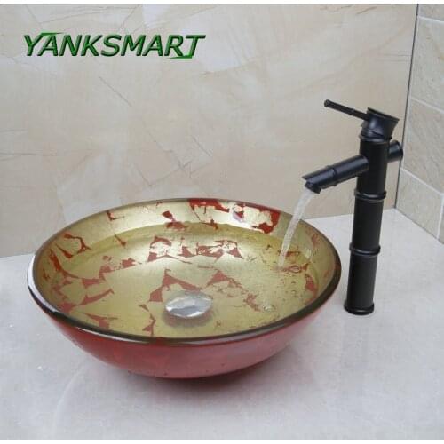 YANKSMART Bathroom Bamboo Design Tempered Glass Counter Top Basin Sink With Black ORB Finish Faucet Mixer Tap With Pop-up Drain