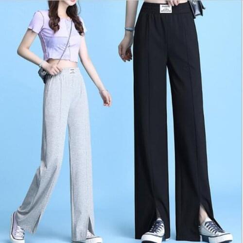 2021 Womens Ladies Split Ice Silk Wide-leg Pants Summer Thin High Waist Drape Cold Loose Straight Casual Mopping Pants Trousers