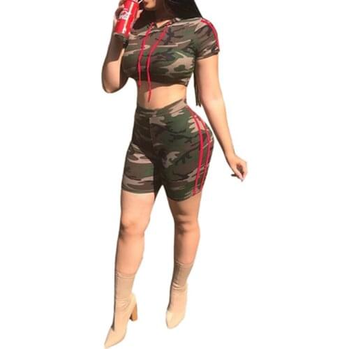 2019 summer women two-piece print outfits camouflage orange yellow sexy streetwear short sleeve crop top shorts 2 piece camo set