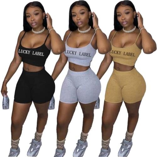 Casual Fitness Lucky Label Print Short Tracksuit Women Sexy Vest Crop Top + Shorts Slim Club Two Piece Set Outfits Jogging Femme